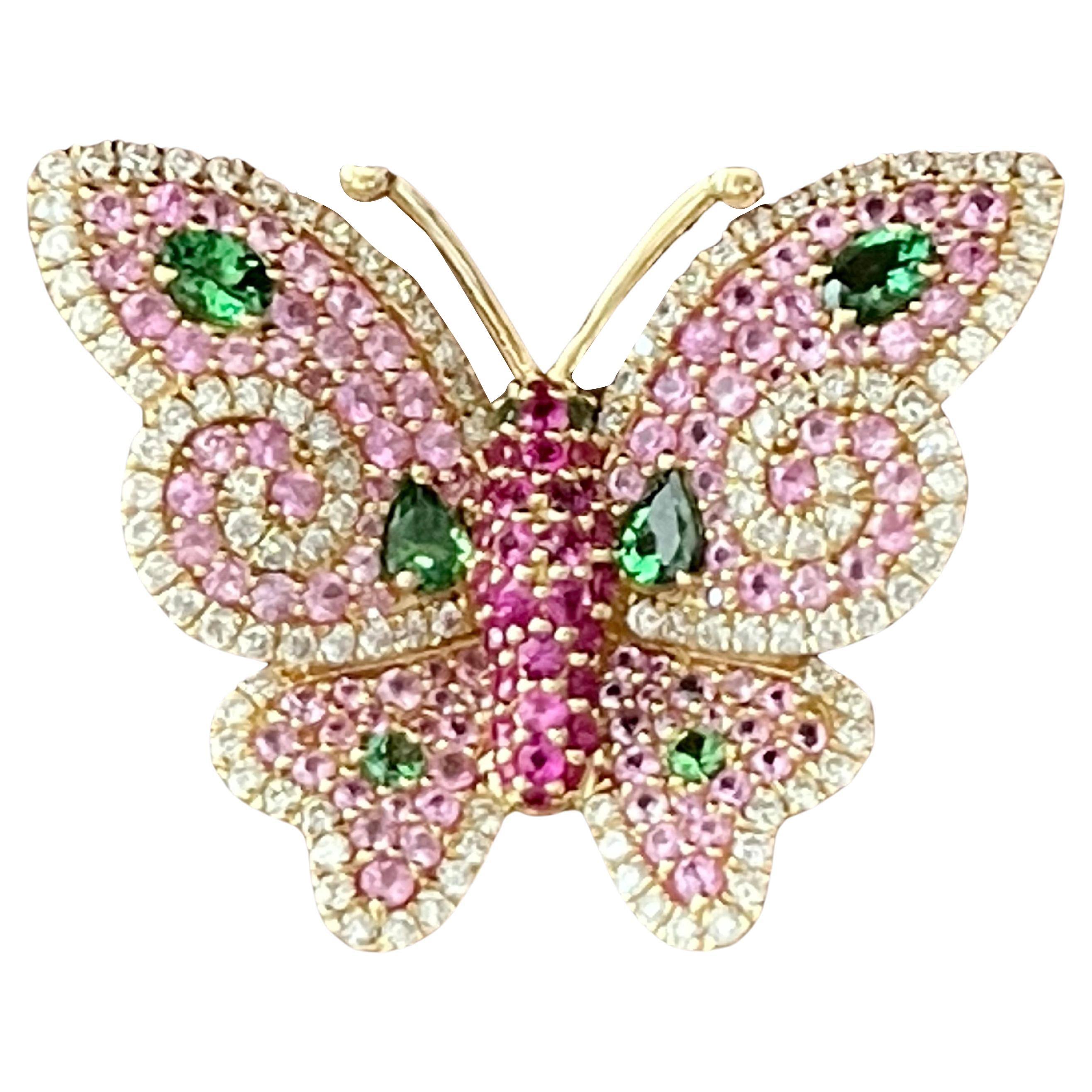 Bague papillon en or rose 18 carats, rubis, diamants, saphirs roses et tsavorites en vente