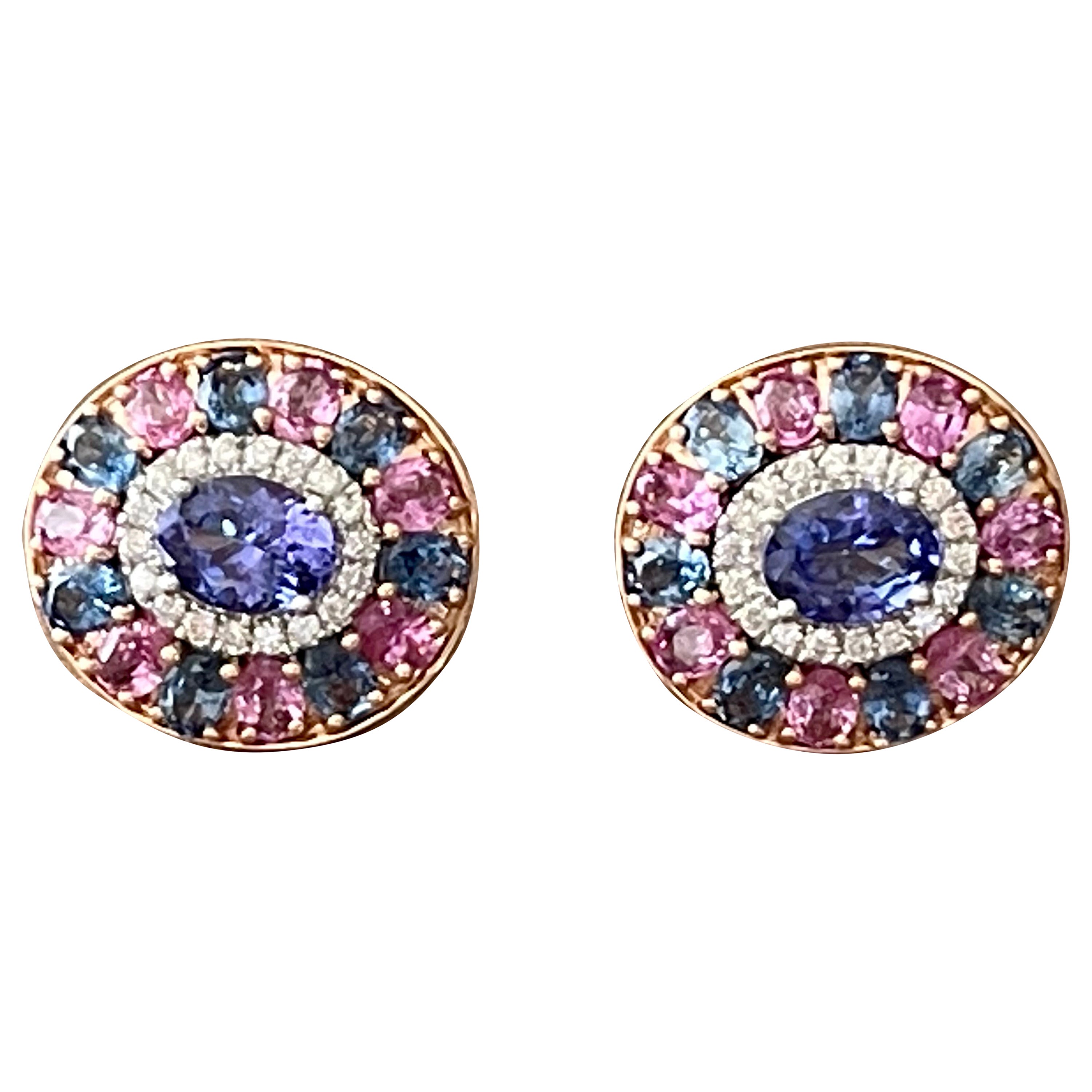 18k Rose Gold Cluster Earrings Tanzanite Pink Sappire Blue Sapphire Diamond For Sale