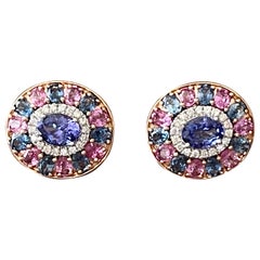 18k Rose Gold Cluster Earrings Tanzanite Pink Sappire Blue Sapphire Diamond