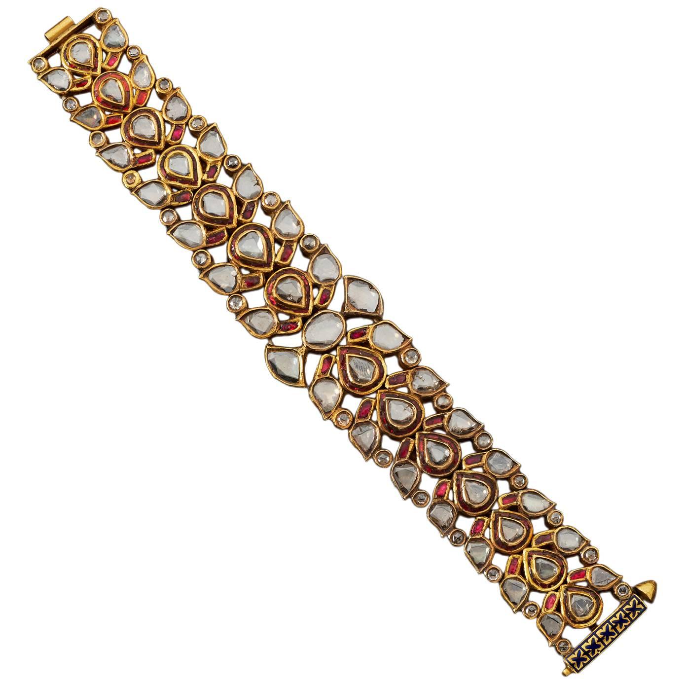 Enamel Ruby Diamond Gold Indian Bracelet For Sale