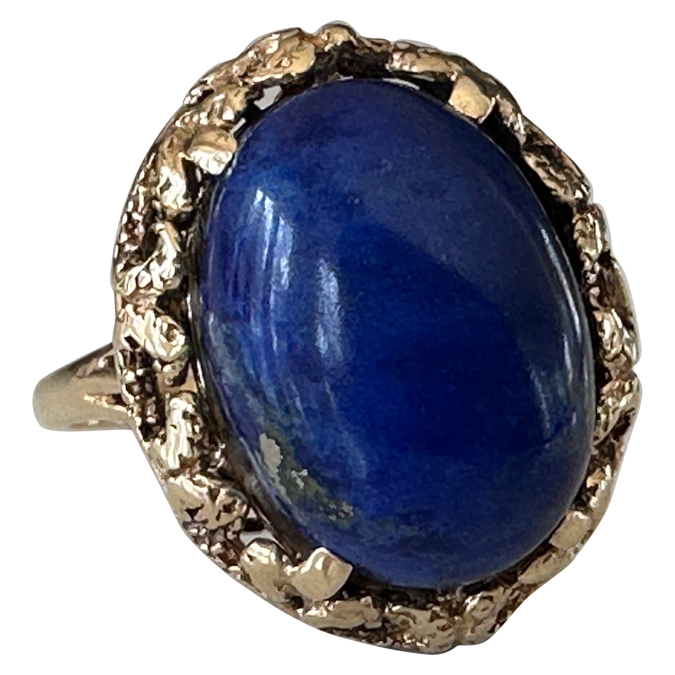 Midcentury Natural Lapus Lazuli Oval Cabochon Cocktail Ring For Sale