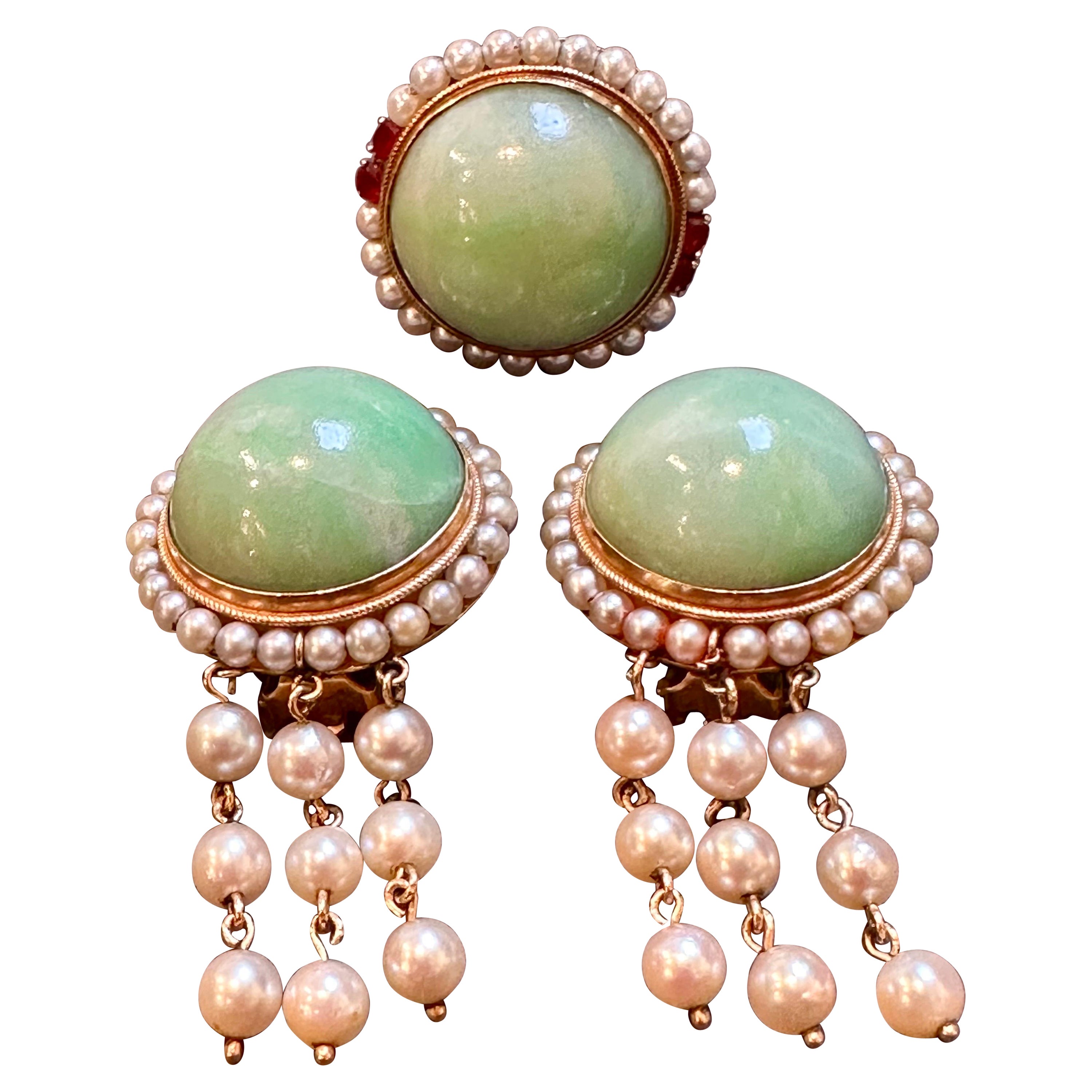 Ensemble boucles d'oreilles et bague vintage en jade naturel + perles naturelles, or jaune 14 carats, 48 g