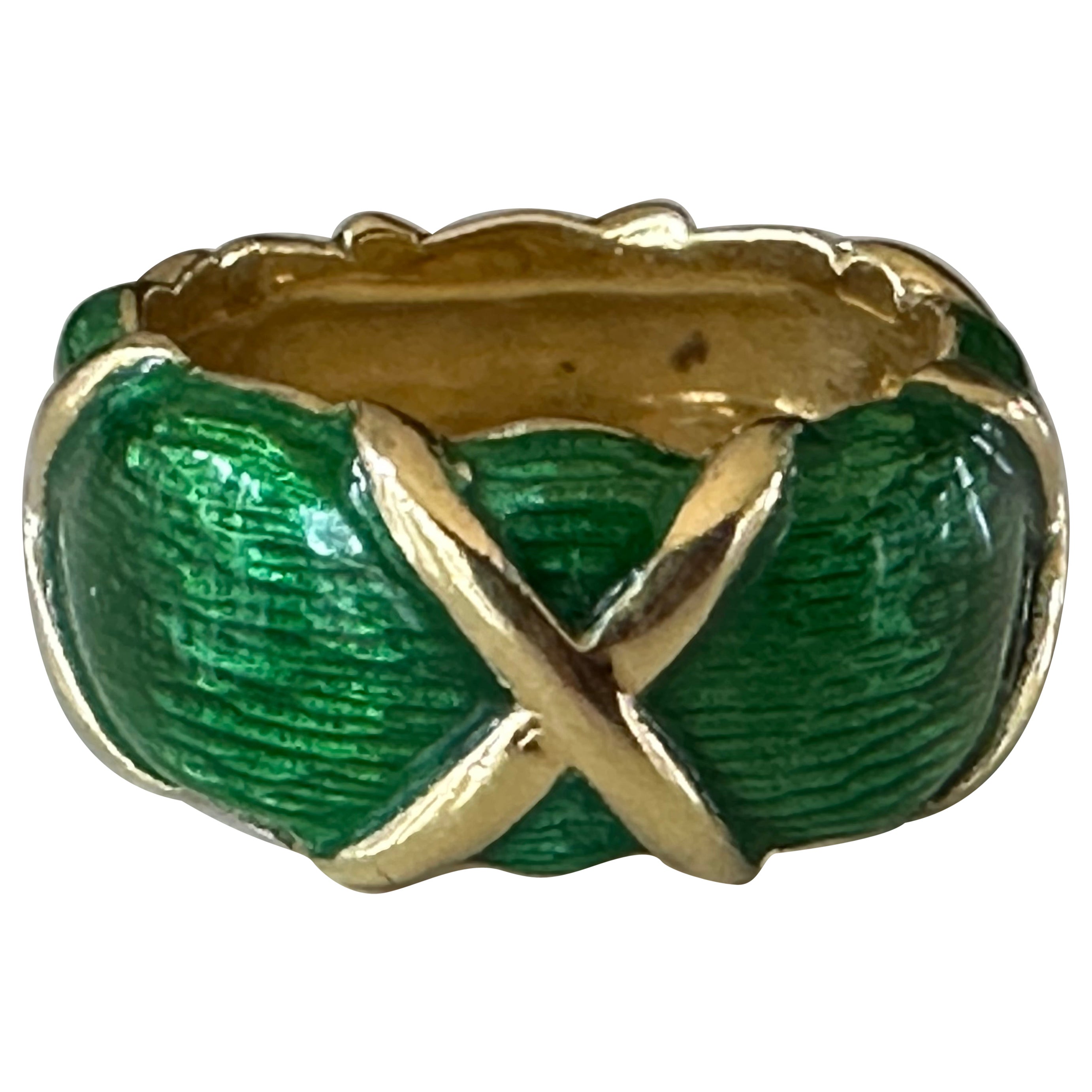 Estate 18k Yellow Gold and Green Enamel Band For Sale