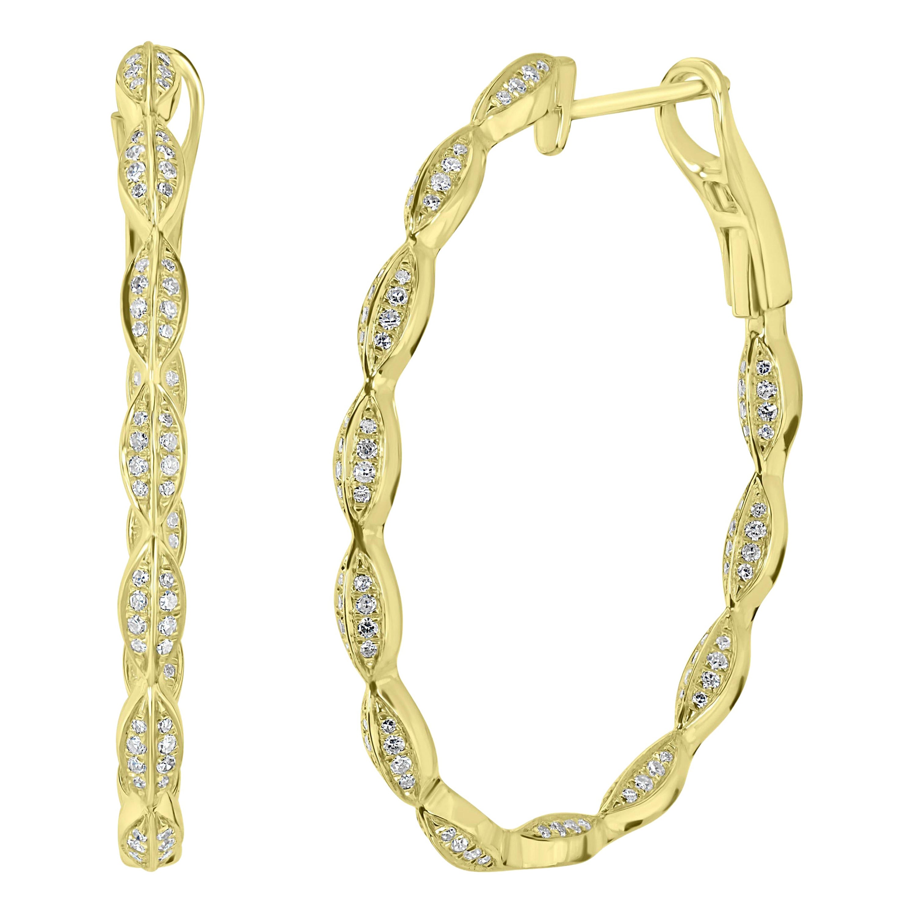 Luxle 0.53 Carat T.W Round Diamond Leaf Hoop Earrings in 14k Yellow Gold For Sale