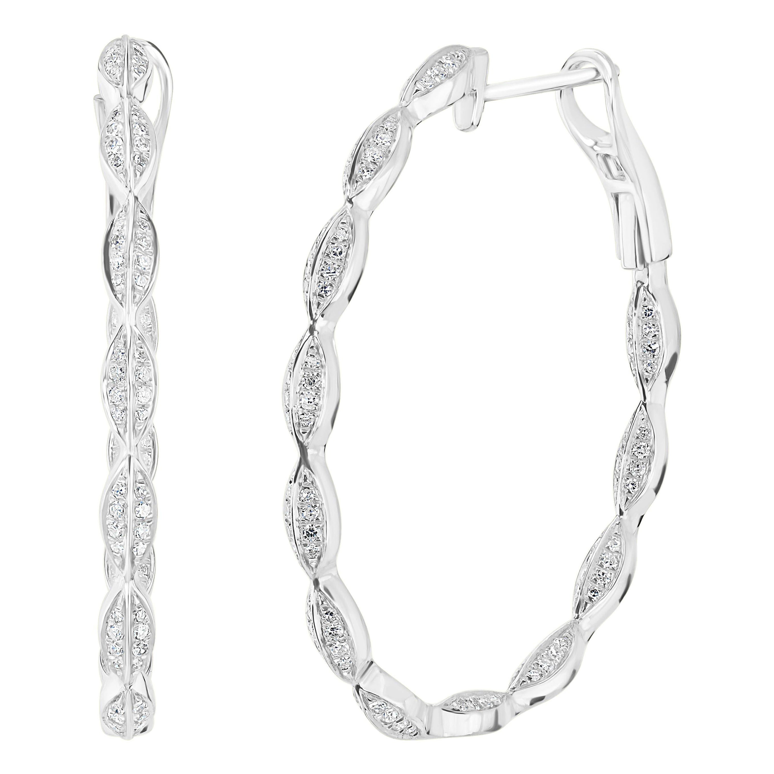 Luxle 0.58ct T.W Round Diamond Leaf Hoop Earrings in 14k White Gold For Sale