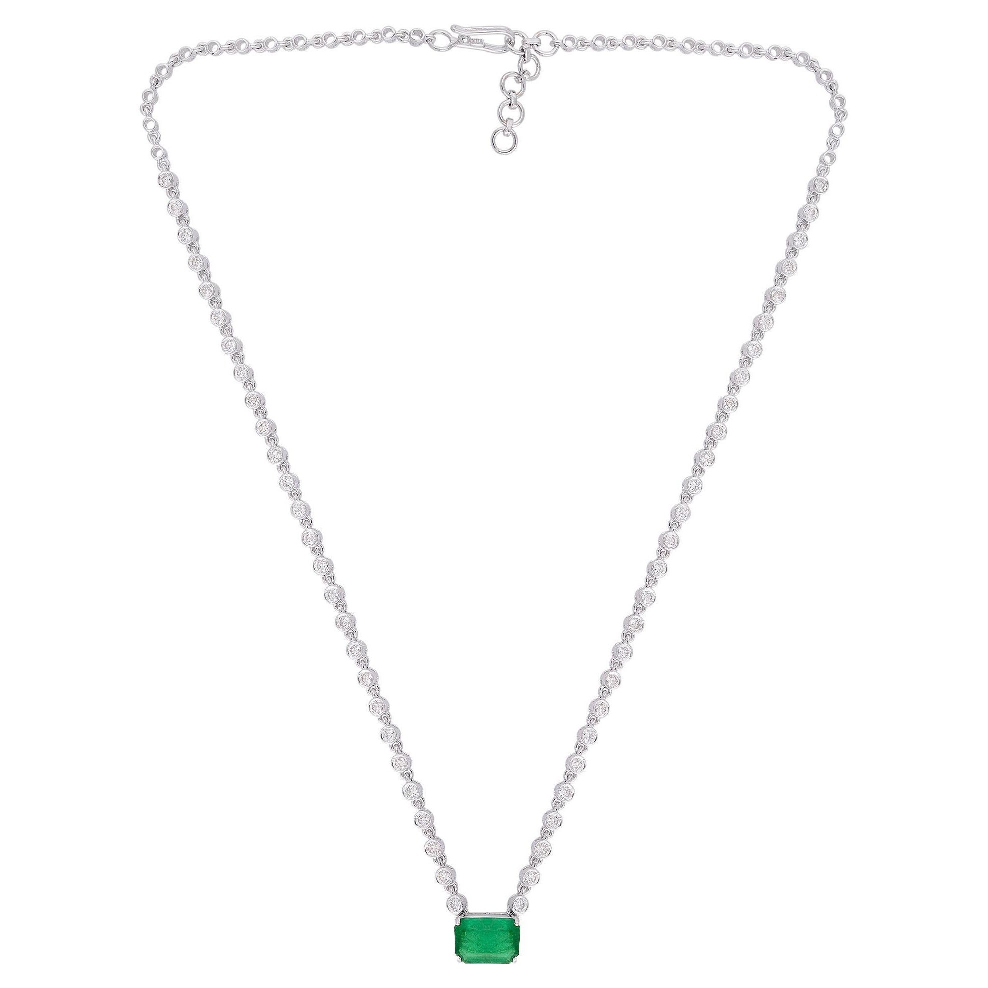 Natural Emerald Diamond Charm Necklace 14k White Gold Handmade Fine Jewelry For Sale