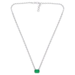 Natürliche Smaragd-Diamant-Charm-Halskette 14k Weißgold Handgefertigter feiner Schmuck