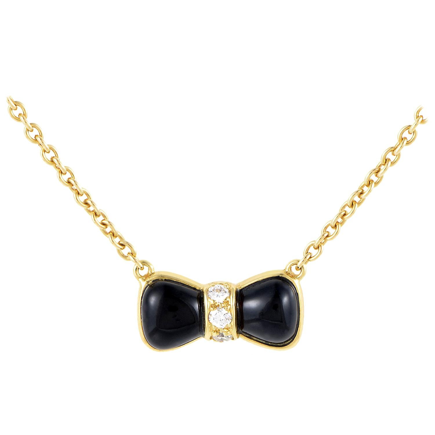 Van Cleef & Arpels Onyx Diamond Gold Bow Pendant Necklace