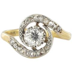 1920s French Antique Diamond Gold Platinum Whirl Ring 