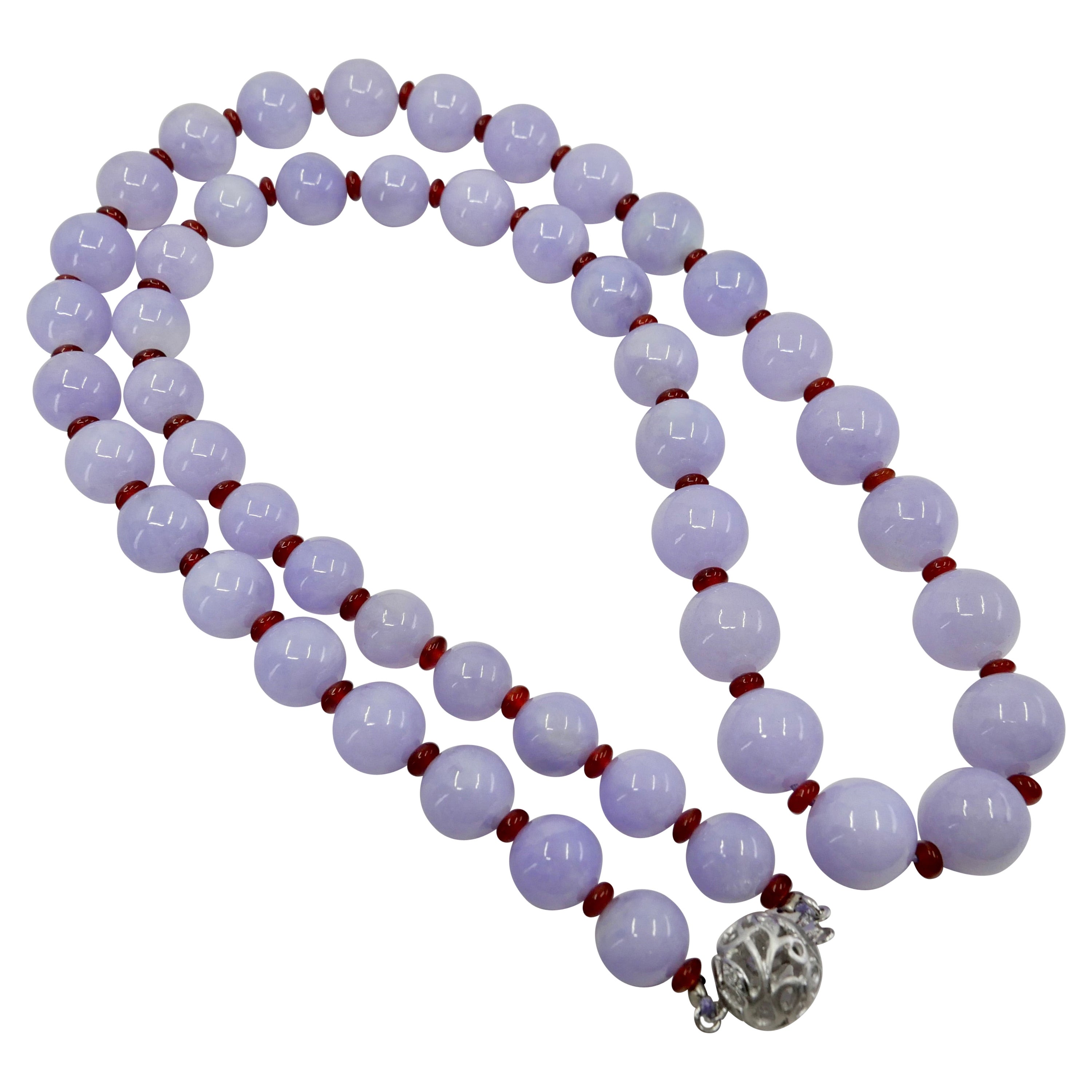 Important Certified 500 Carats Lavender Jade Beads, Red Agate & Diamond Necklace