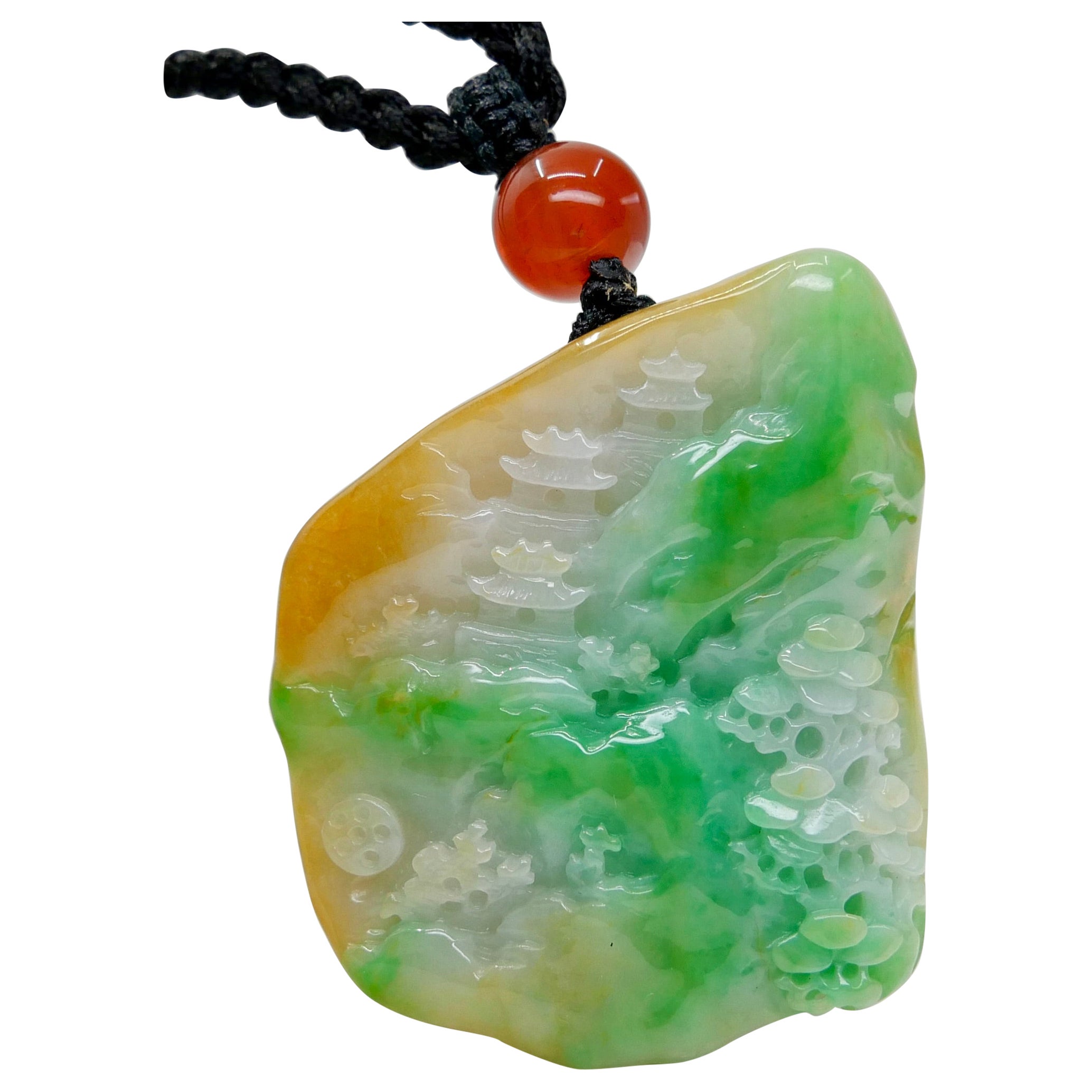 Collier à pendentif en jade naturel multicolore et agate certifié. Sculpture exquise.