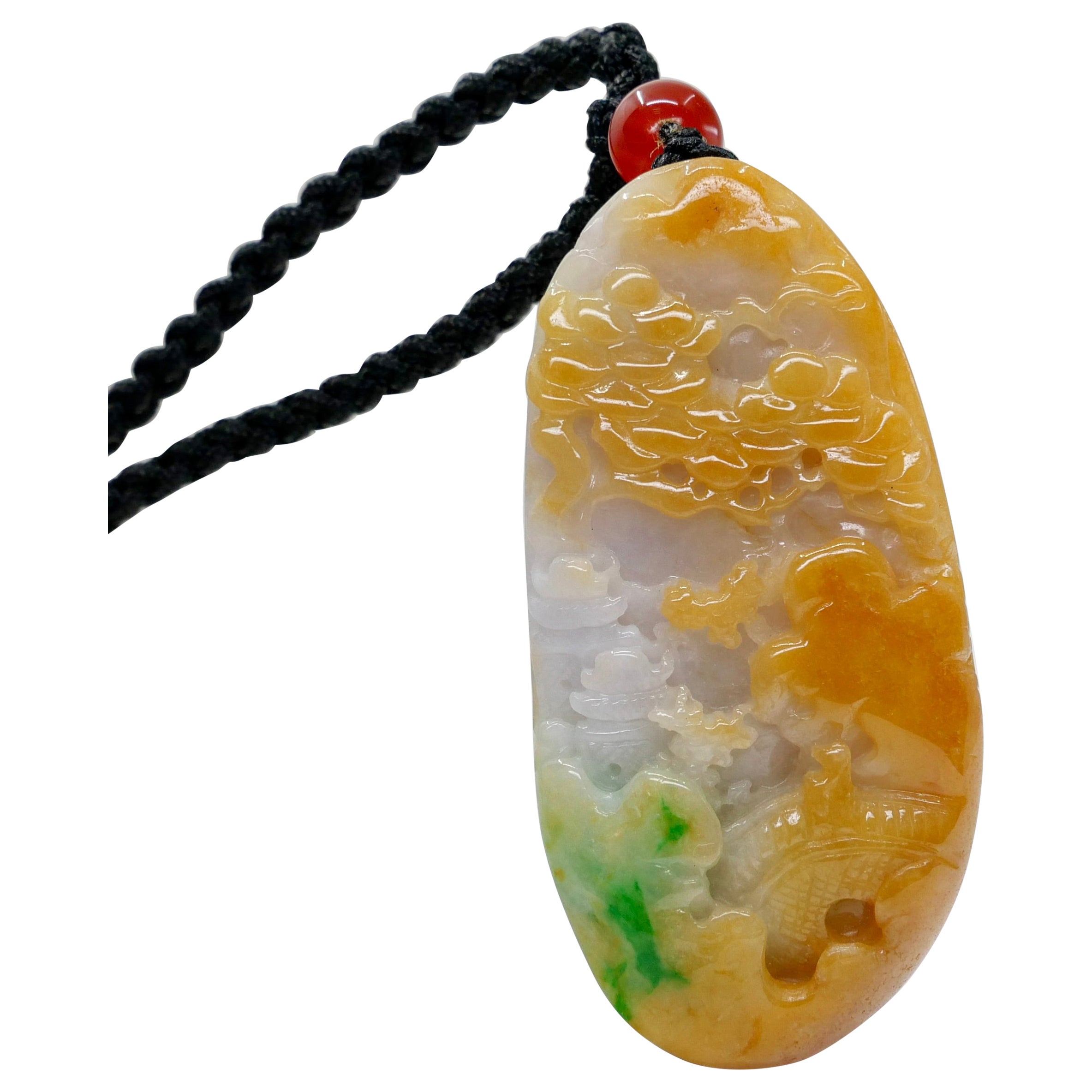Certified Natural Multi Color Jade & Agate Pendant Necklace, Exquisite Carving For Sale