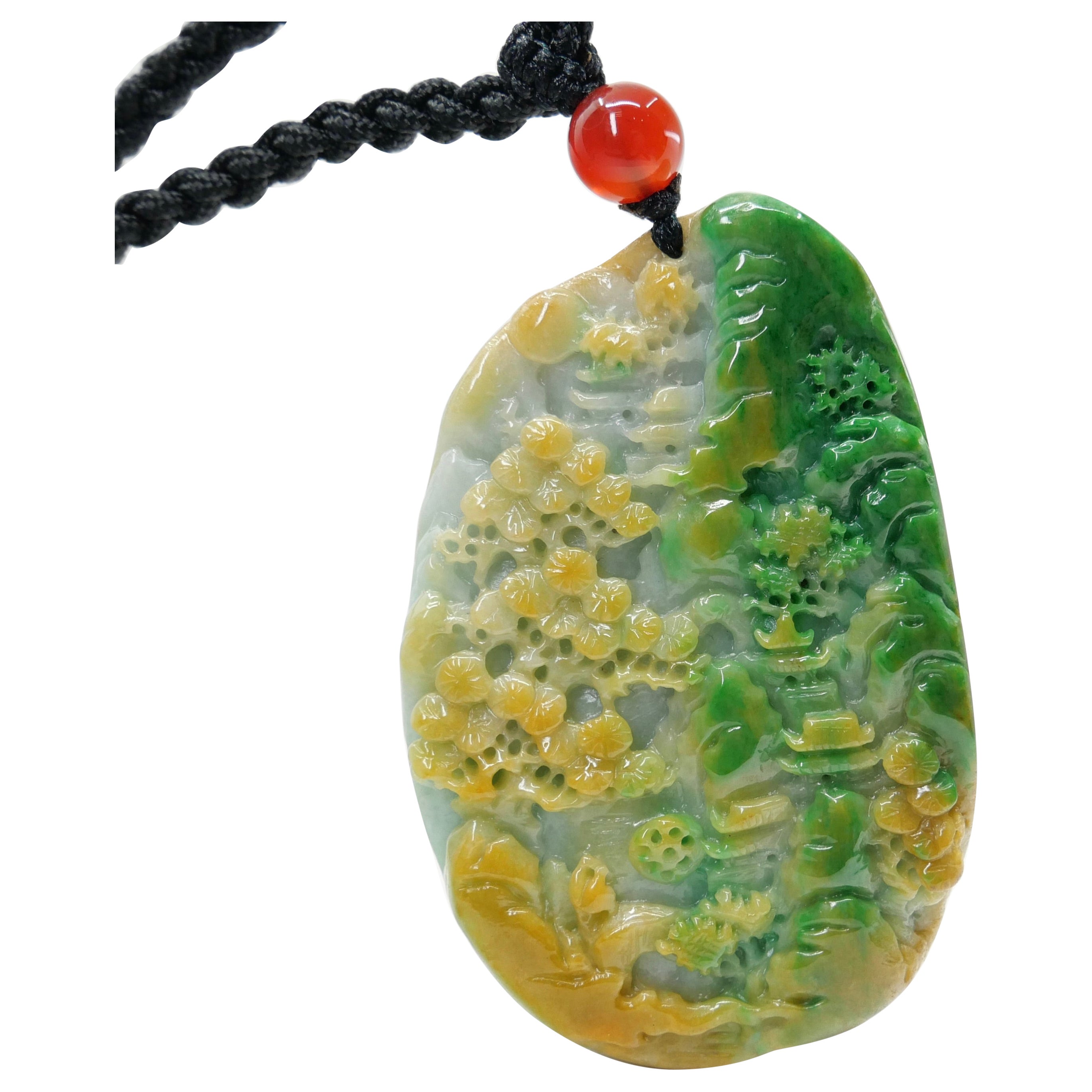 Certified Natural Multi Color Jade & Agate Pendant Necklace, Exquisite Carving For Sale