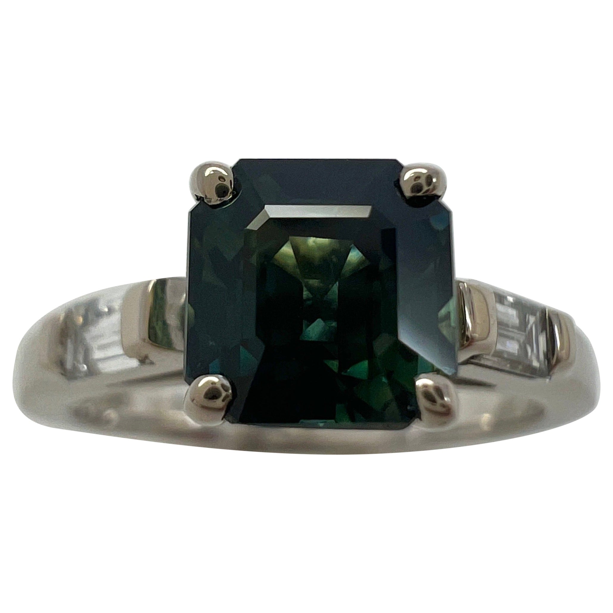GIA Certified Untreated Asscher Sapphire Diamond 18k White Gold Three Stone Ring