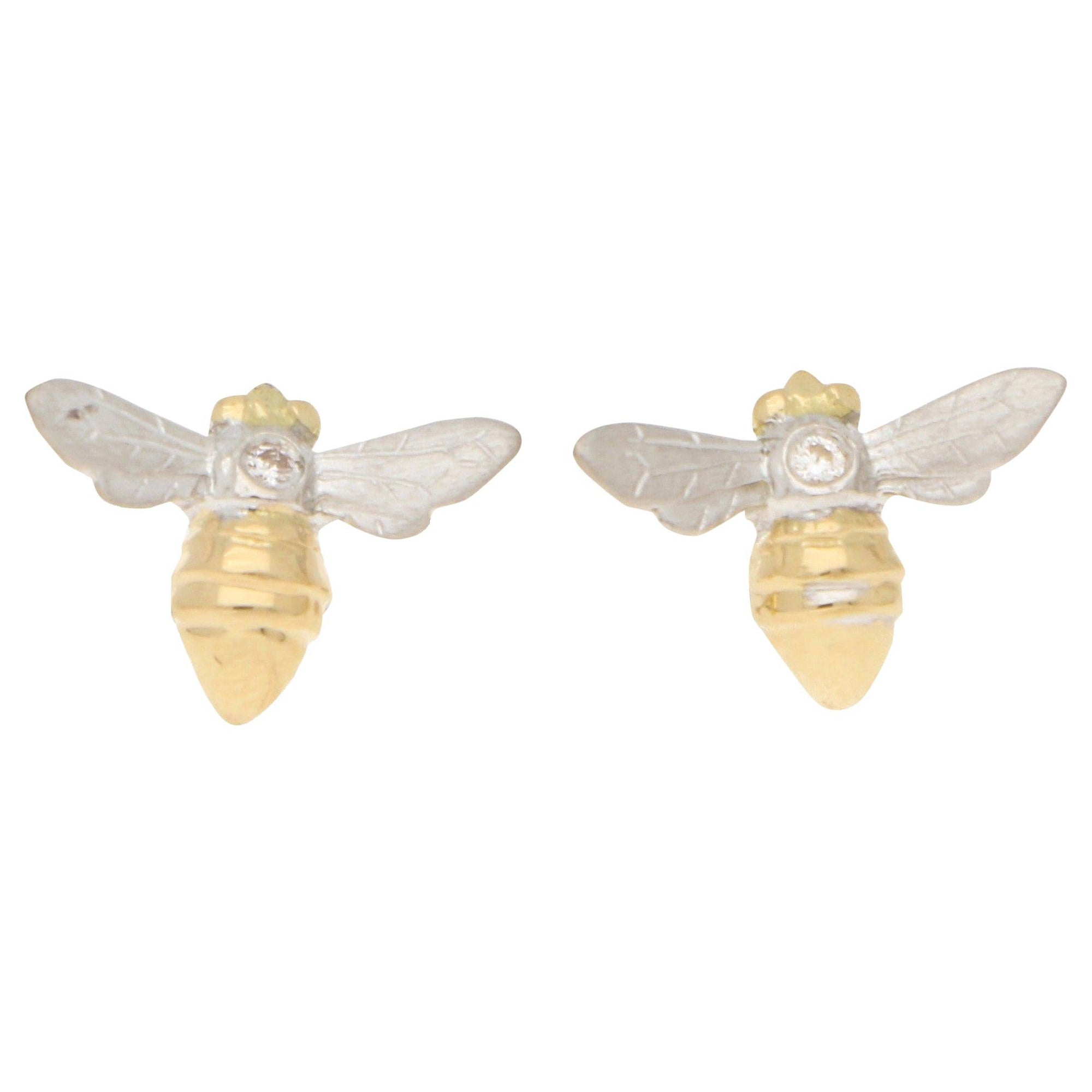 Diamond Bumble Bee Stud Earrings in 18 Karat Yellow and White Gold For Sale