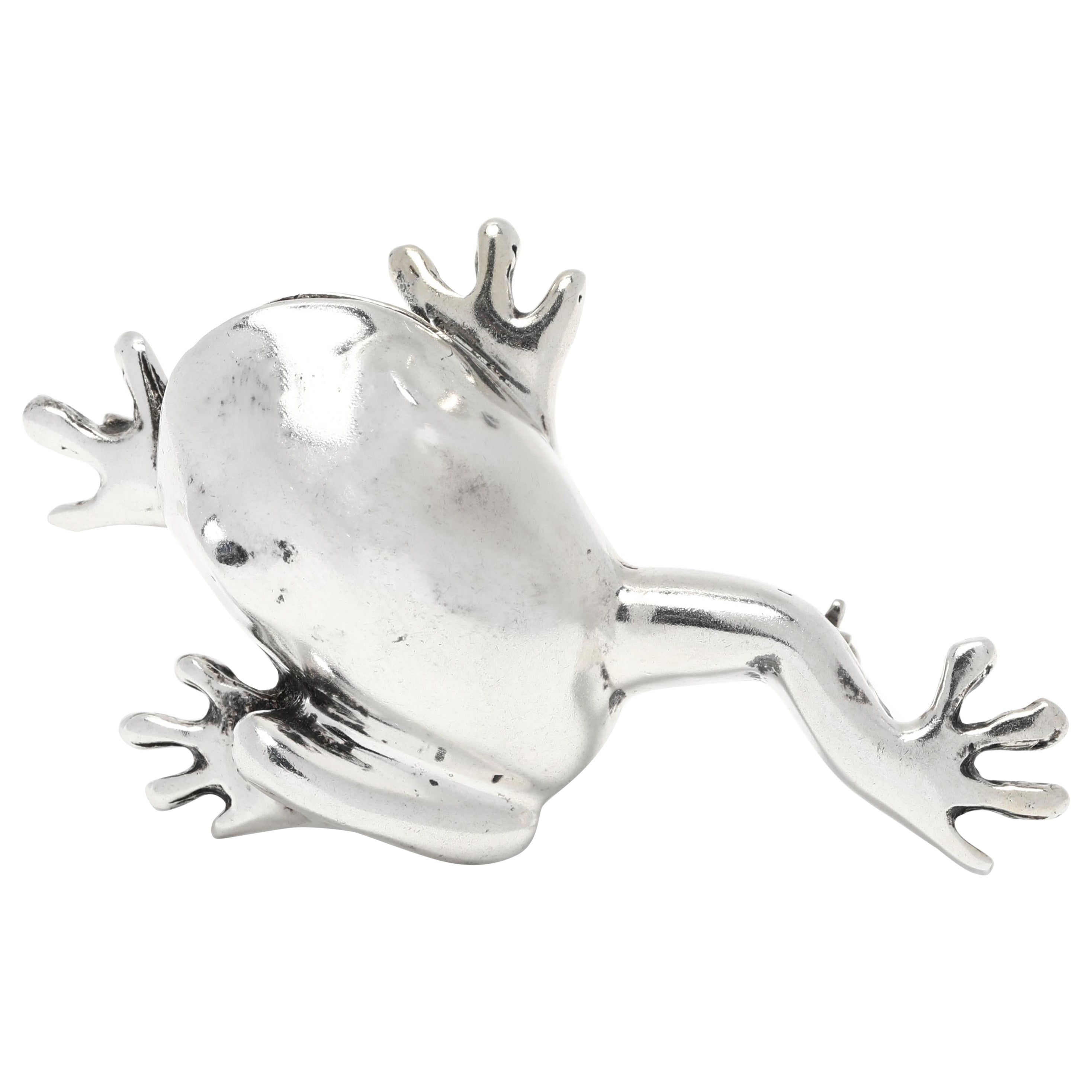 Large Silver Frog Brooch, Sterling Silver, Tree Frog For Sale