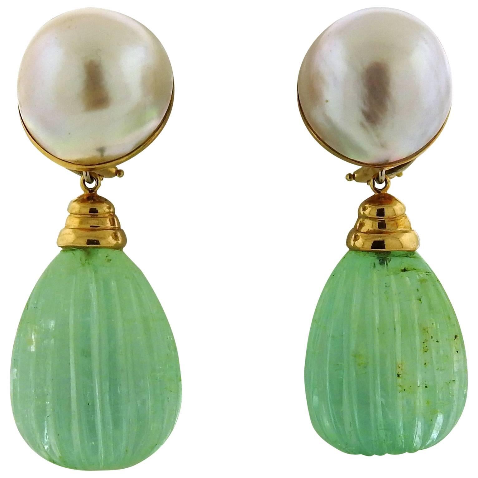 Seaman Schepps Pearl Carved Emerald Gold Drop Day Night Earrings