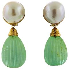 Seaman Schepps Pearl Carved Emerald Gold Drop Day Night Earrings