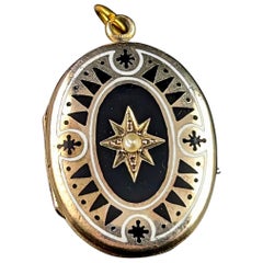 Antique Mourning Locket, 9k Gold Front and Back, Black and White Enamel