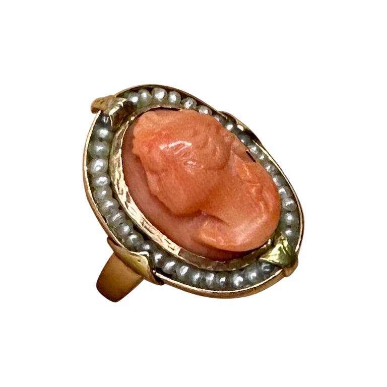 Victorian Coral Cameo Pearl Goddess Woman Ring 14 Karat Gold Antique Neoclassic For Sale
