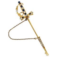 Sword Jabot Pin with Old Mine Cut Diamond & Un-Heated Sapphires Romantic Era 