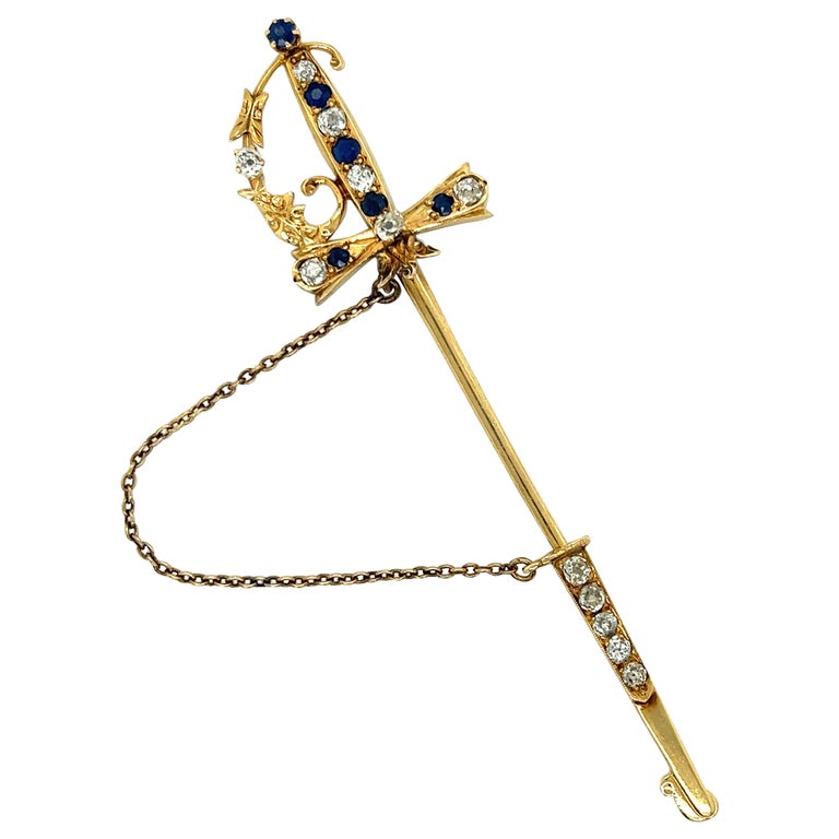 Sword Jabot Pin Old Mine Cut Diamond and UnHeated Sapphires For Sale