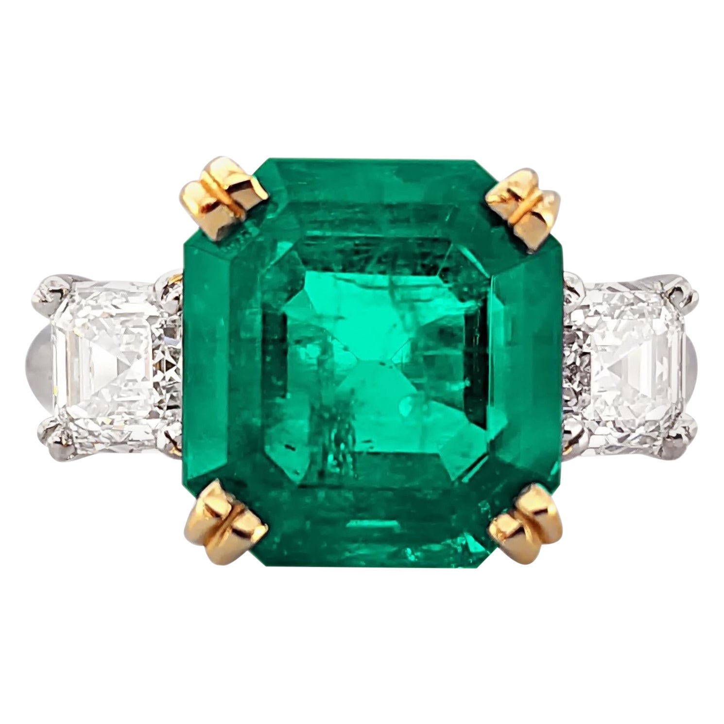 6.08 Carat Traditional Colombian Emerald Cut Emerald and Ascher Diamond Ring