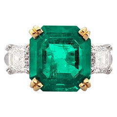 6.08 Carat Traditional Colombian Emerald Cut Emerald and Ascher Diamond Ring