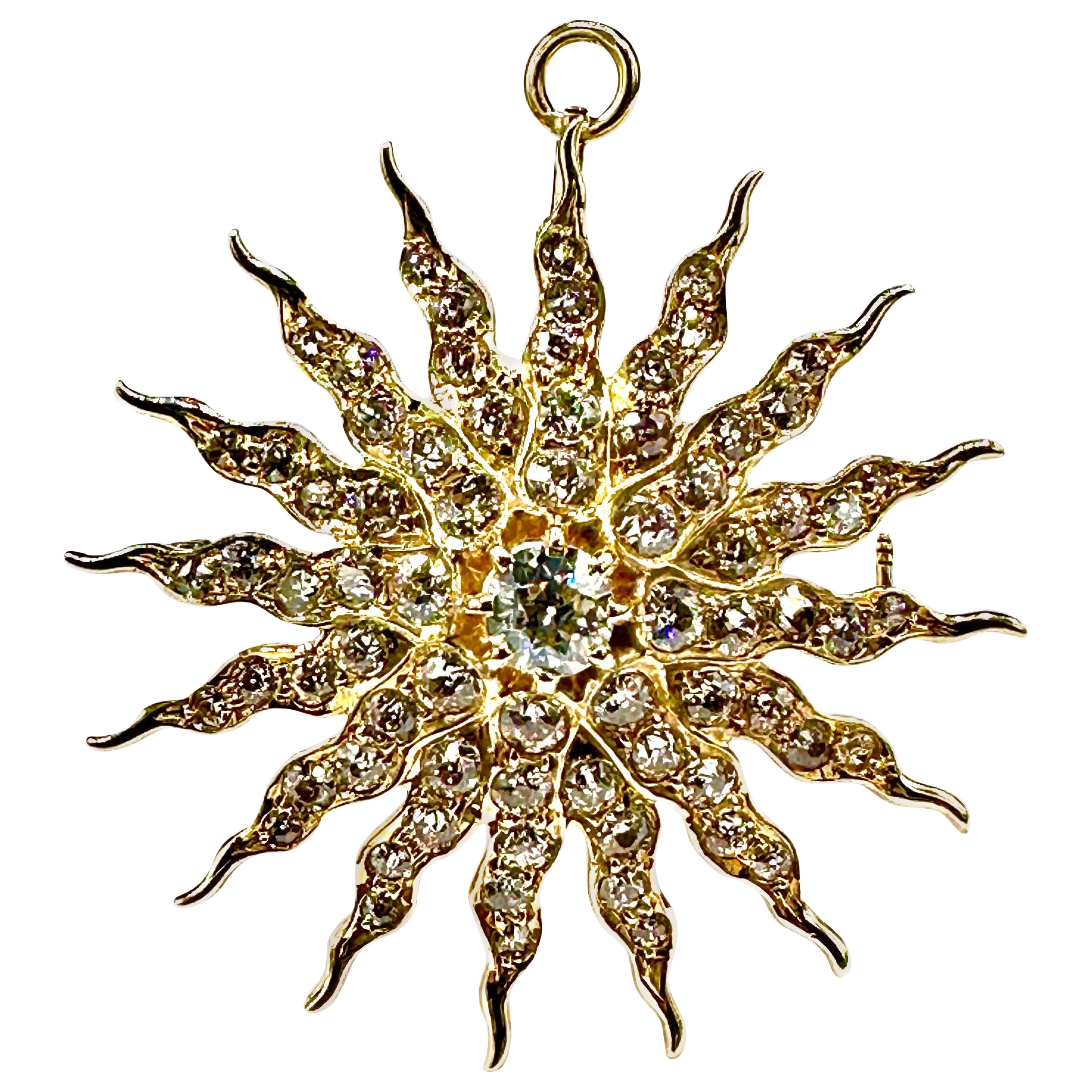 Broche colgante de oro de 18 quilates con diamantes talla europea antigua cometa Halley de 3,16 quilates  en venta