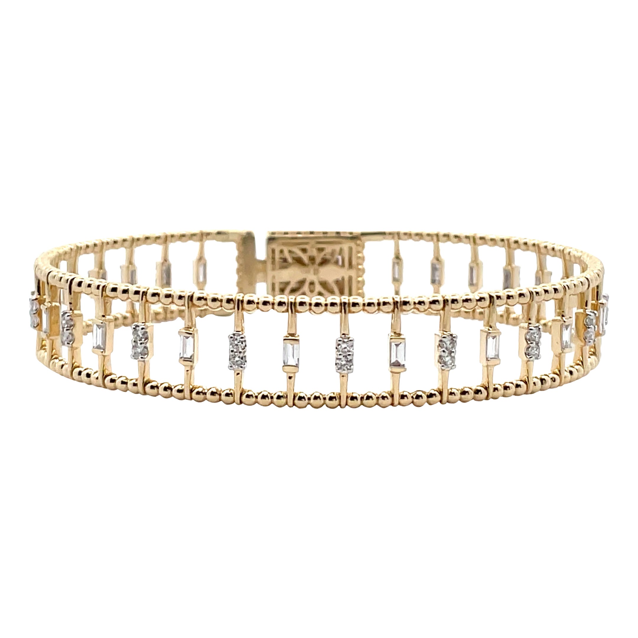 1.14 Carat Baguette & Round Diamond Gold Beaded Cage Bangle in 14k Solid Gold
