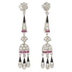 Antique Art Deco Ruby Diamond and Black Onyx Dangle Earrings