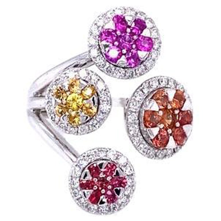 1.94 Carat Multi Color Sapphire Diamond White Gold Statement Ring