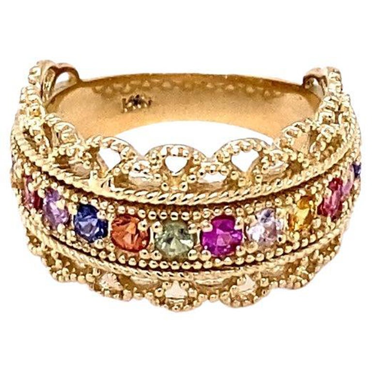 1.00 Carat Multi Color Sapphire Yellow Gold Cocktail Band For Sale