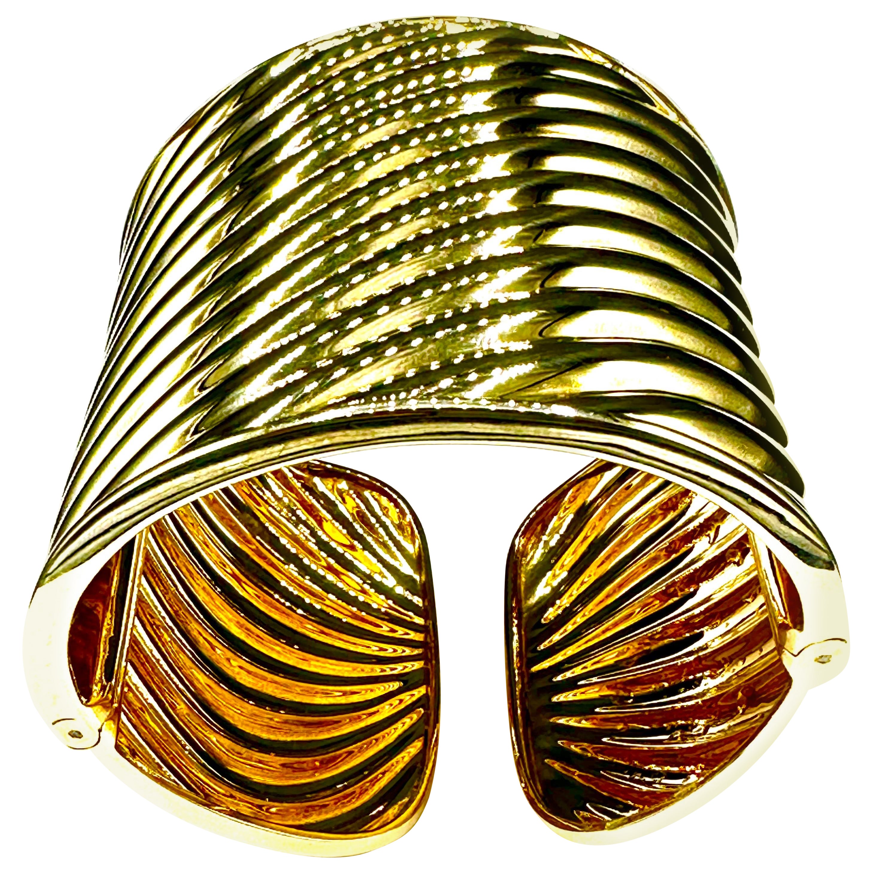 Wide 18k Yellow Gold Ribbed Pattern Cuff Bracelet  For Sale