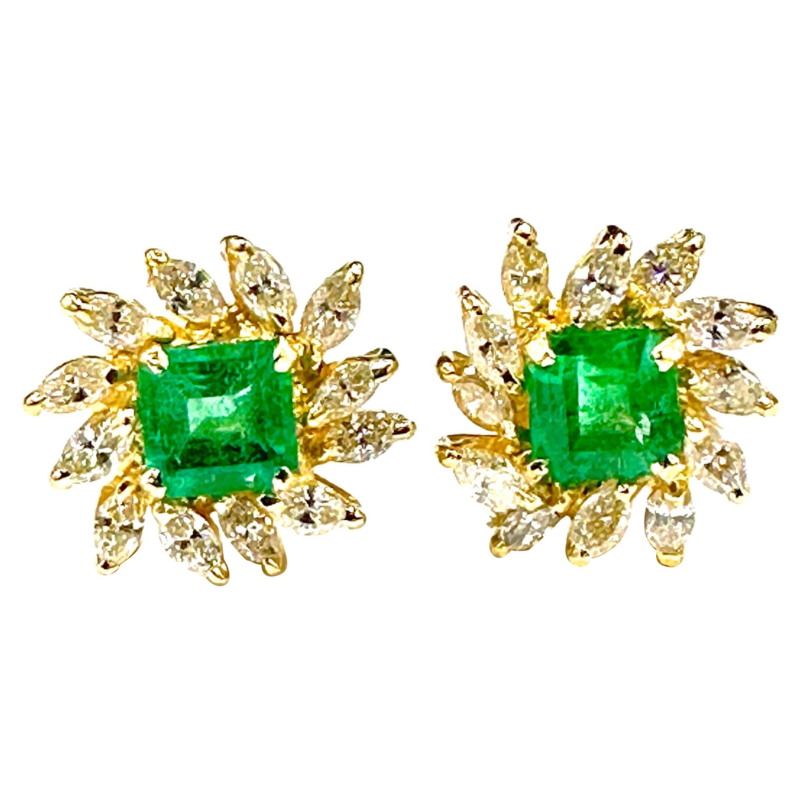 3.16 Carat Emerald Cut Emerald and 1.20 Carat Marquise Diamond 18k Earrings For Sale