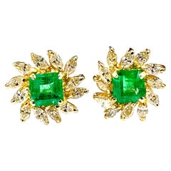 3.16 Carat Emerald Cut Emerald and 1.20 Carat Marquise Diamond 18k Earrings