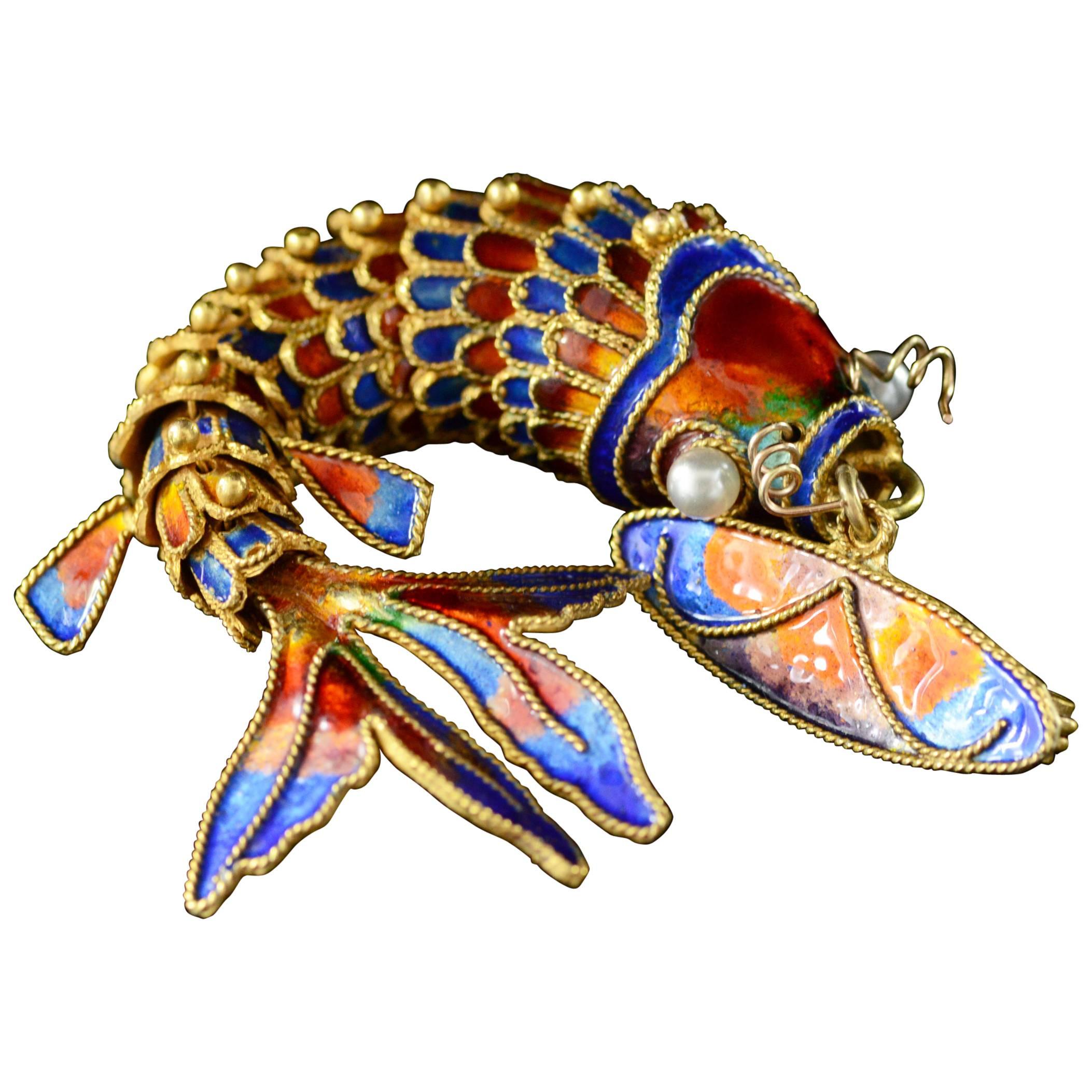 Victorian Era Chinese Red and Blue Enamel Gold Articulated Fish Pin