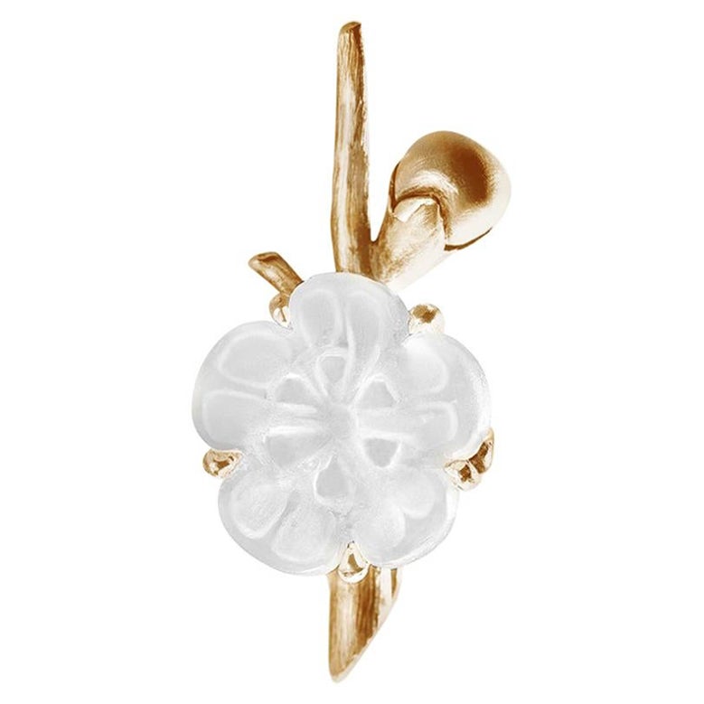 Yellow Gold Sakura Contemporary Brooch by the Artist with Quartz For Sale