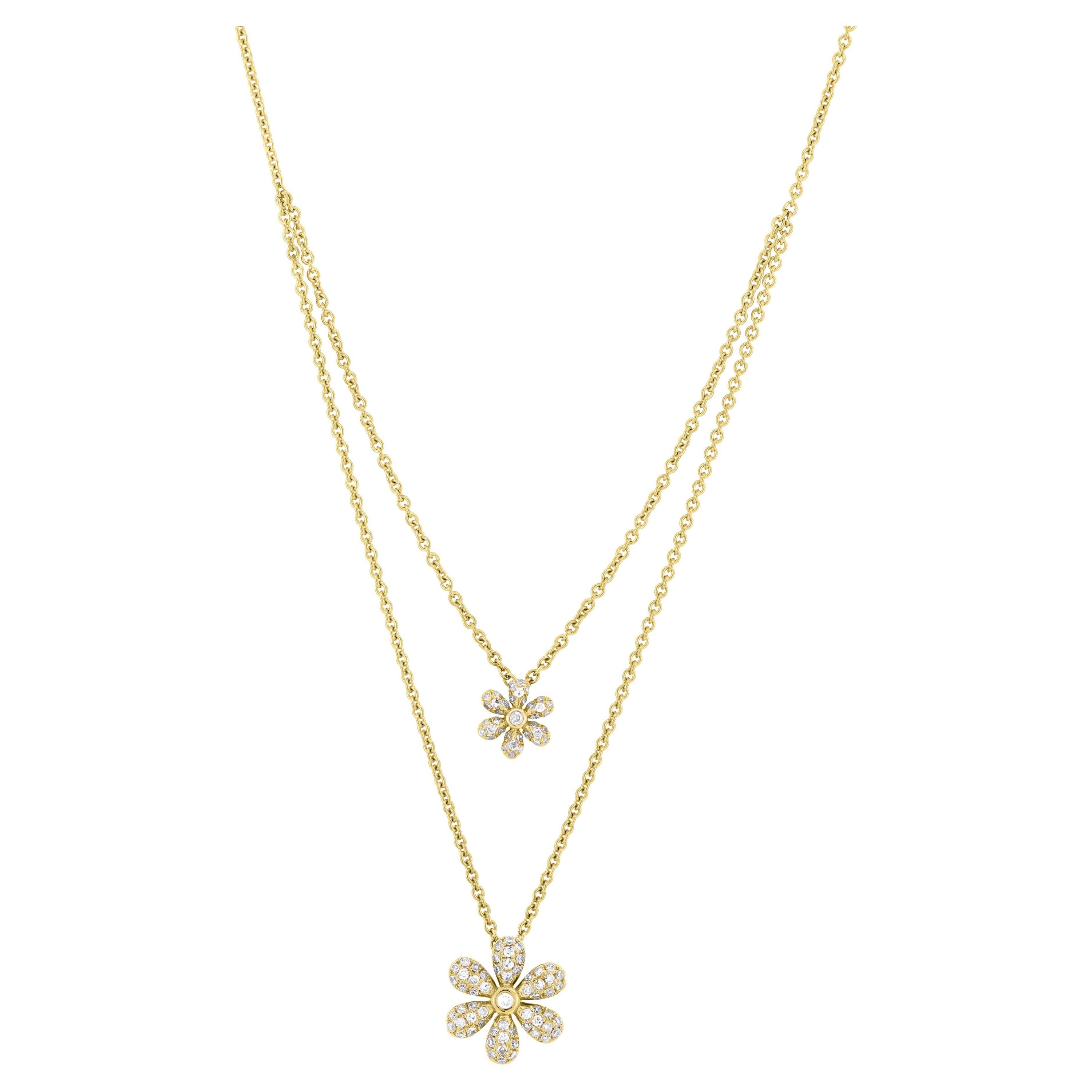 Luxle 0.24cts Diamond Double Strand Flower Pendant Necklace in 18k Yellow Gold For Sale