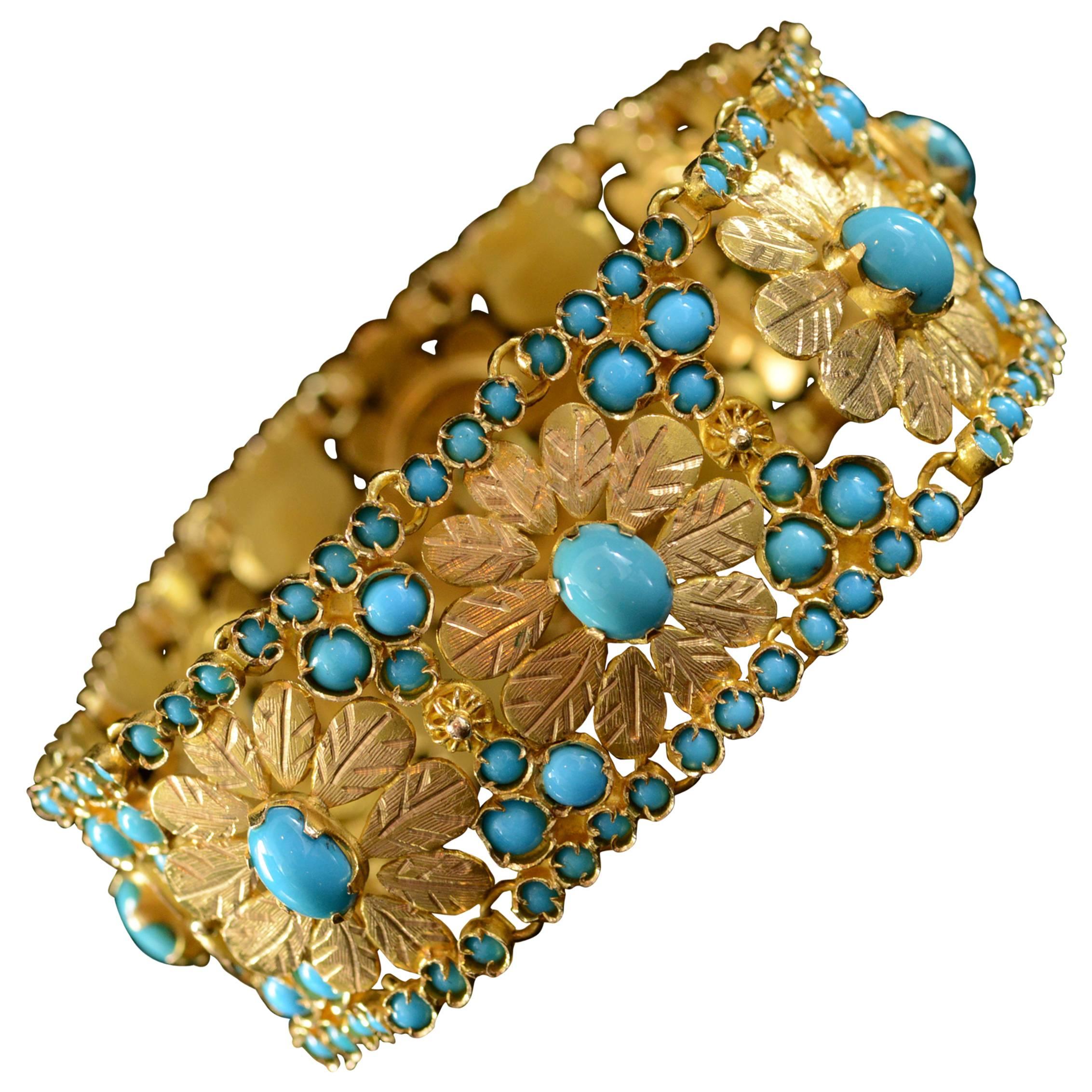 Persian Turquoise Encrusted Gold Flower Link Bracelet 