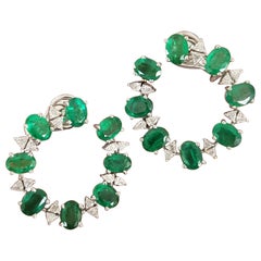 15.14 Carats, Natural Oval Zambian Emeralds & Trillion Diamonds Hoop Earrings