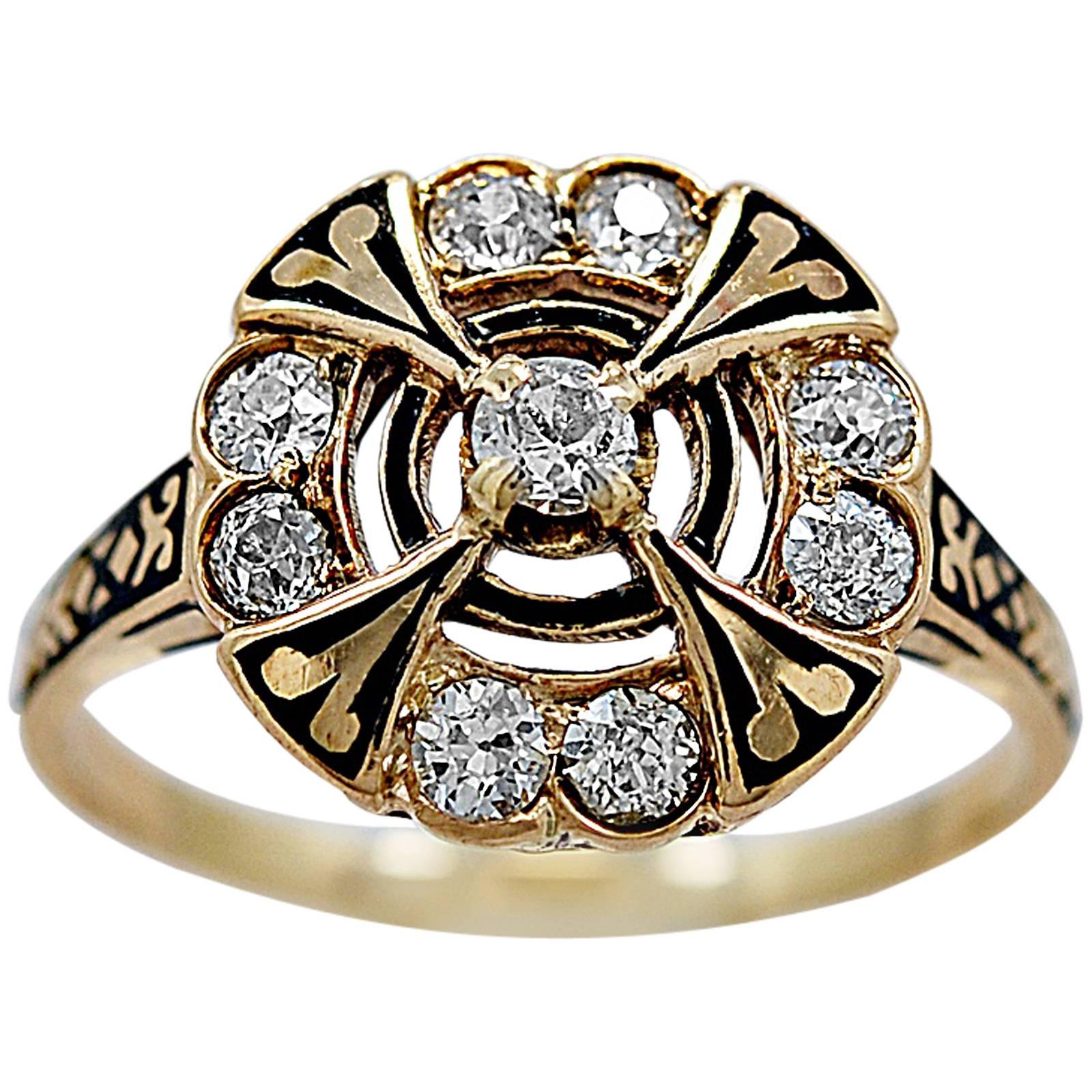 Art Deco .60 Carats Enamel Diamonds Gold Engagement Ring