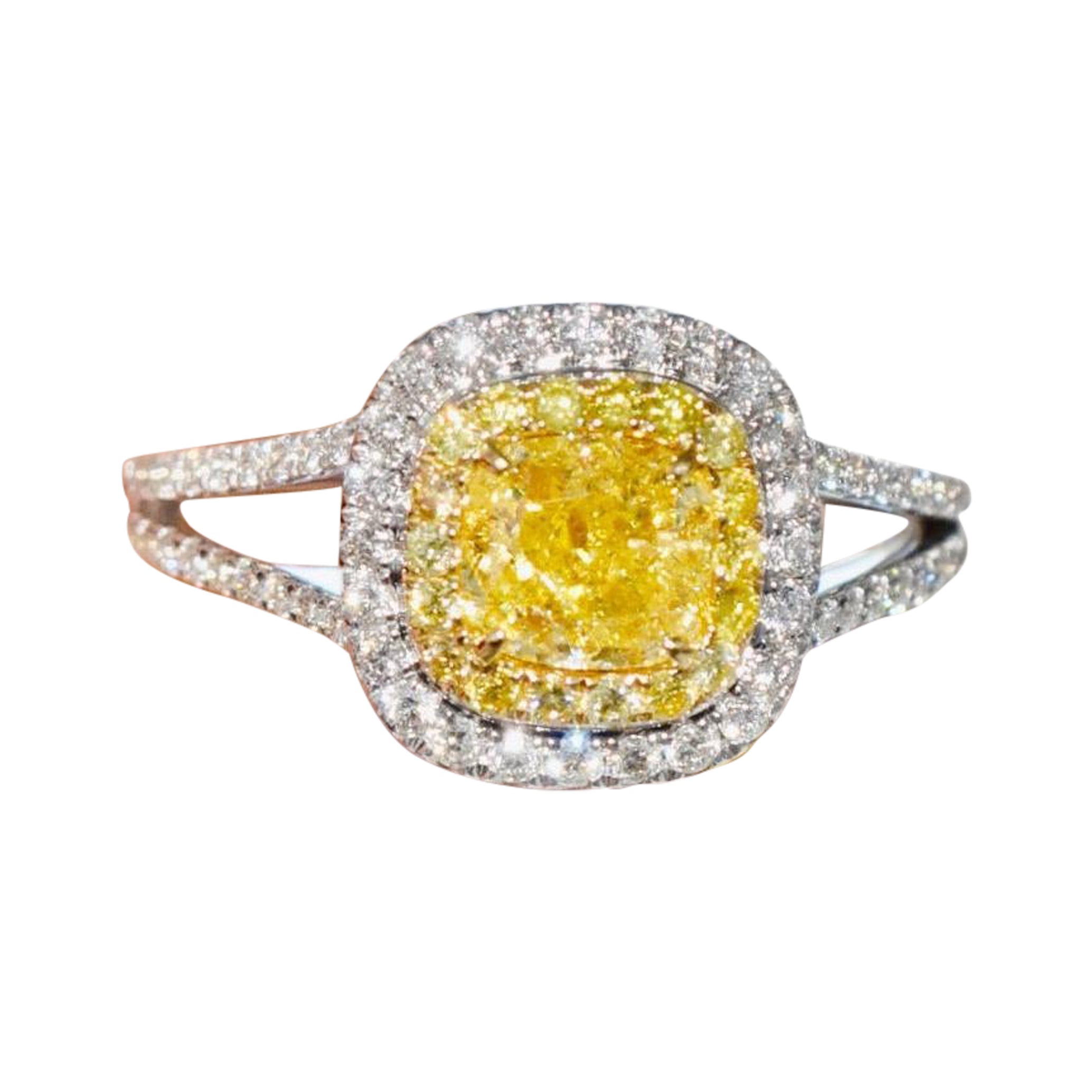 GIA Certified 0.91 Carat Fancy Yellow Cushion Diamond Ring Engagement Ring  For Sale