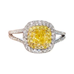 GIA Certified 0.91 Carat Fancy Yellow Cushion Diamond Ring Engagement Ring 