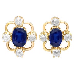 Antique 1.90 Carat Sapphire and 0.50 Carat Diamond, 15k Yellow Gold Earrings