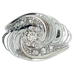 Vintage Art-Deco Shell Ring Diamonds, White Gold, Solid 18 Karat