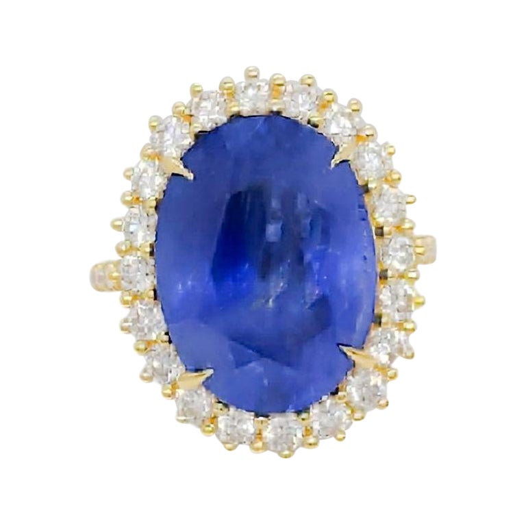 GIA No Heat Burma Blue Sapphire and White Diamond Cocktail Ring in 18k Yellow