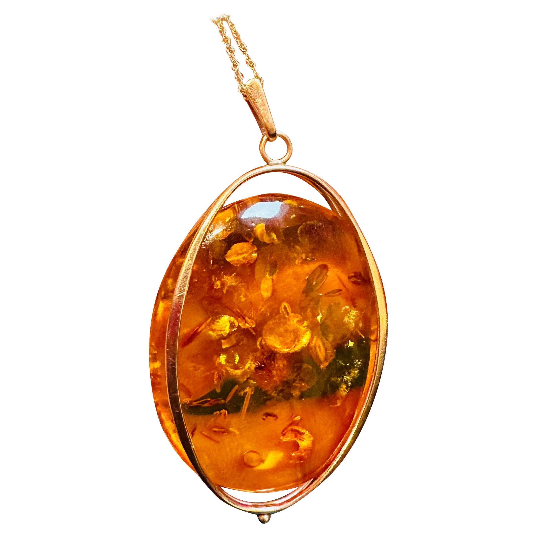Large Natural Russian Amber Necklace or Pendant in 14 Karat Yellow Gold + Chain
