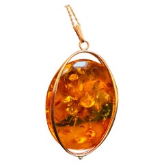 Large Natural Russian Amber Necklace or Pendant in 14 Karat Yellow Gold + Chain
