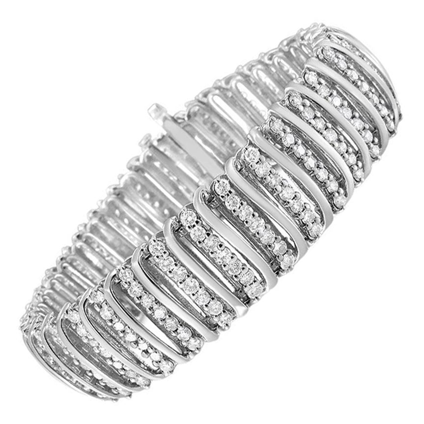 .925 Sterling Silver 8 1/2 Carat Diamond 7 Row Chevron "S" Link Tennis Bracelet